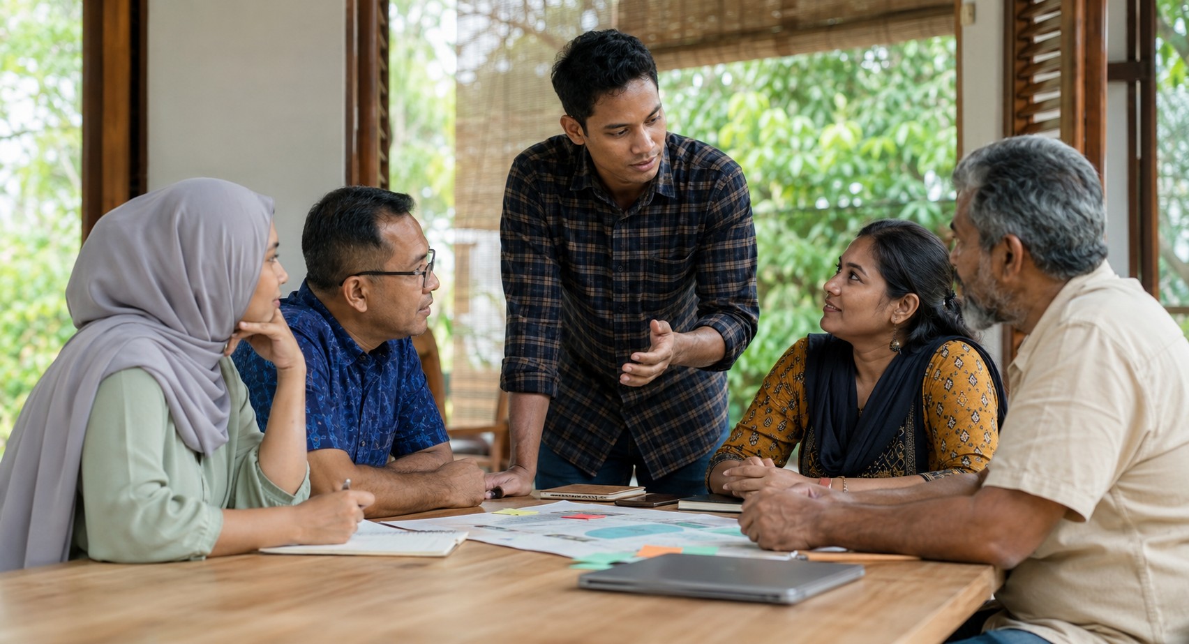 Colleague standing while discussing with a group seated at a table