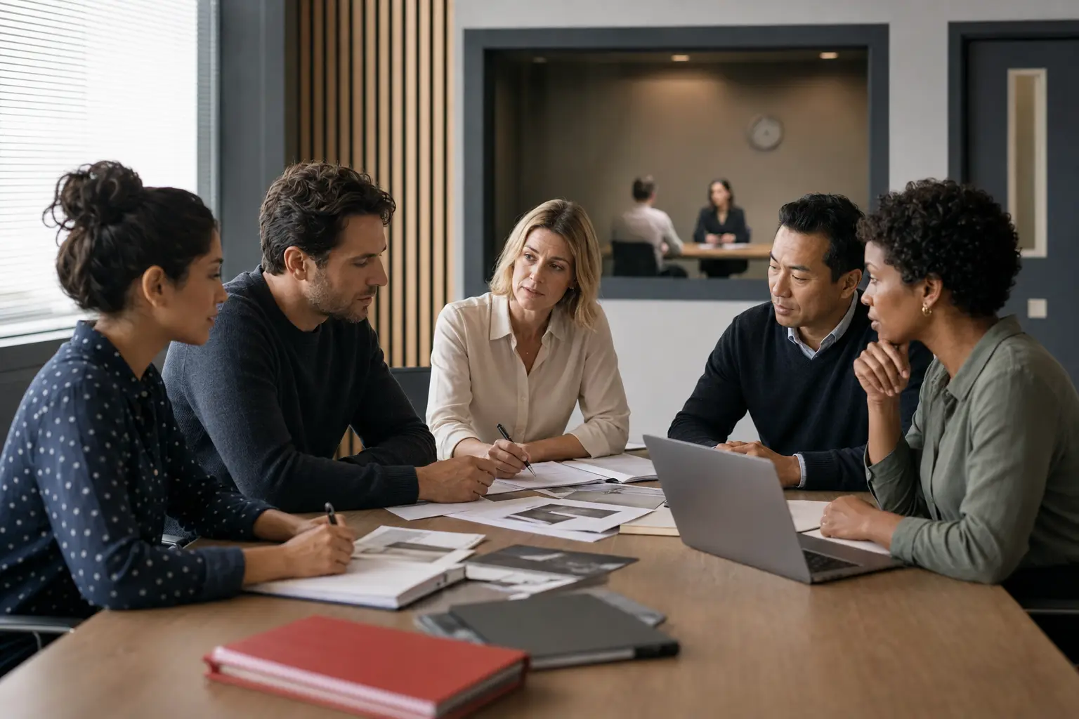 Professionals reviewing interview evidence together