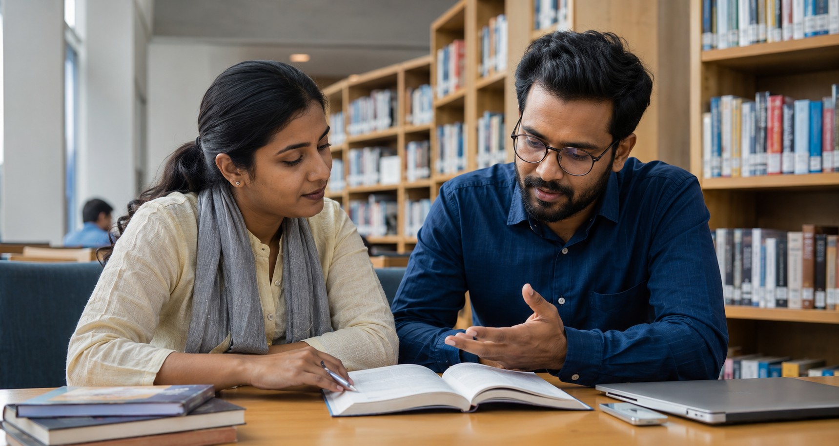 Two researchers reviewing a book together in a library